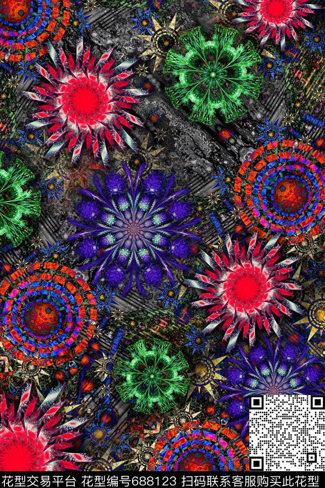 民族风圆抽象圆数码印花华亿平台下载（图片编号: 688123） - 瓦栏（Walan）