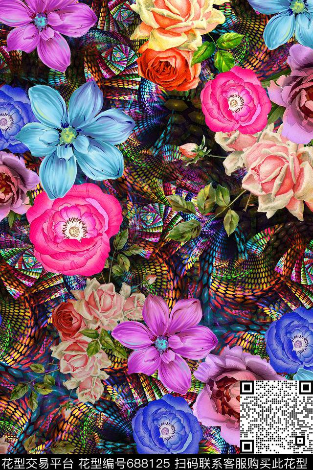 大花抽象画底配上花卉数码印花华亿平台下载（图片编号: 688125） - 瓦栏（Walan）