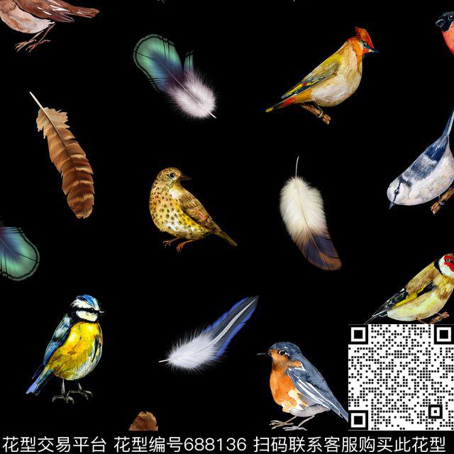 此华亿平台为1/2跳接羽毛鸟类数码印花华亿平台下载（图片编号: 688136） - 瓦栏（Walan）