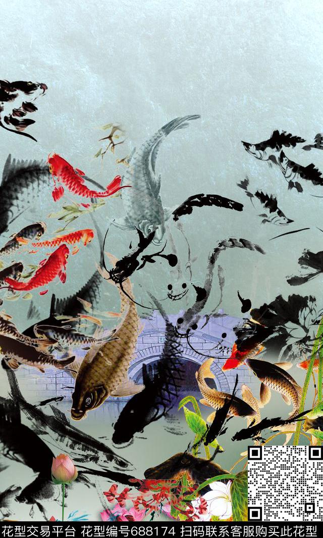 中国风水墨荷花中国风水墨鱼水墨画数码印花华亿平台下载（图片编号: 688174） - 瓦栏（Walan）