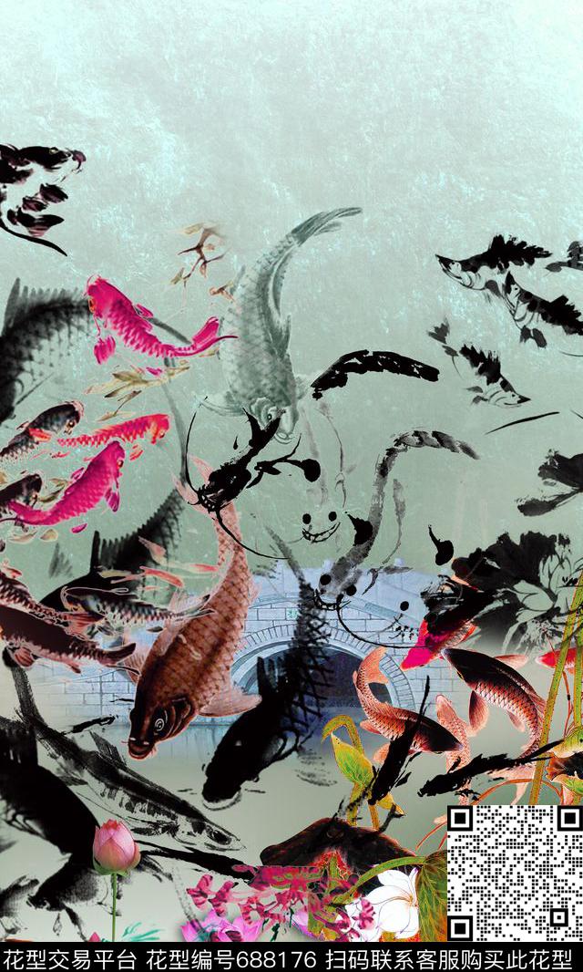 中国风水墨荷花中国风水墨鱼水墨画数码印花华亿平台下载（图片编号: 688176） - 瓦栏（Walan）