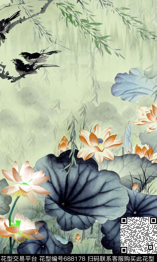 中国风水墨荷花定位花旗袍花数码印花华亿平台下载（图片编号: 688178） - 瓦栏（Walan）
