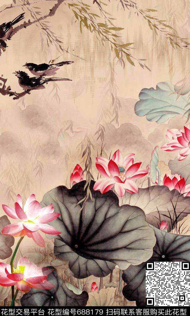 中国风水墨荷花定位花旗袍花数码印花华亿平台下载（图片编号: 688179） - 瓦栏（Walan）