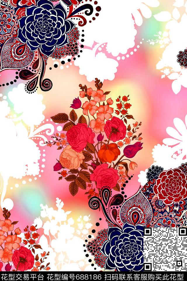 时尚手绘女装裙子花卉数码印花渐变纹理彩色几何民族风印花数码印花华亿平台下载（图片编号: 688186） - 瓦栏（Walan）