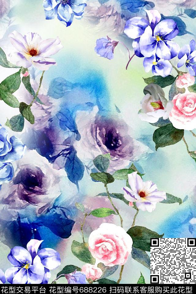 花朵花卉水彩数码印花华亿平台下载（图片编号: 688226） - 瓦栏（Walan）