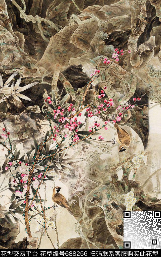复古假山梅花中国风数码印花华亿平台下载（图片编号: 688256） - 瓦栏（Walan）