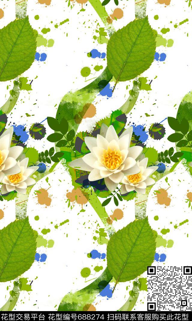 荷花叶点数码印花华亿平台下载（图片编号: 688274） - 瓦栏（Walan）