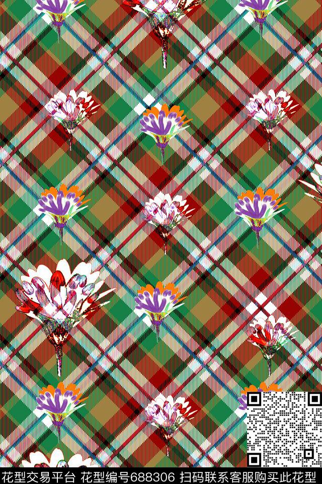 女装花卉。格子数码印花华亿平台下载（图片编号: 688306） - 瓦栏（Walan）