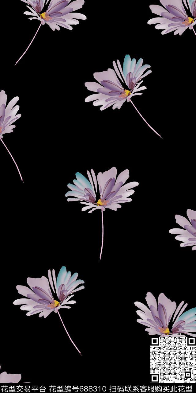 花卉大牌风黑底花卉数码印花华亿平台下载（图片编号: 688310） - 瓦栏（Walan）