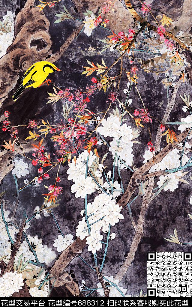 梅花中国风寒梅数码印花华亿平台下载（图片编号: 688312） - 瓦栏（Walan）