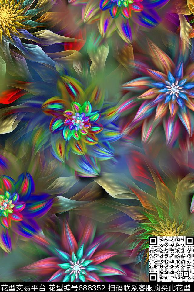 抽象分形花卉数码印花华亿平台下载（图片编号: 688352） - 瓦栏（Walan）