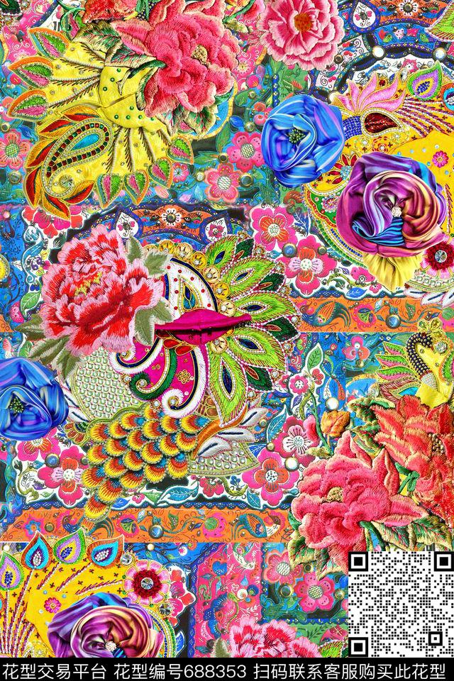 民族风花卉绣花数码印花华亿平台下载（图片编号: 688353） - 瓦栏（Walan）
