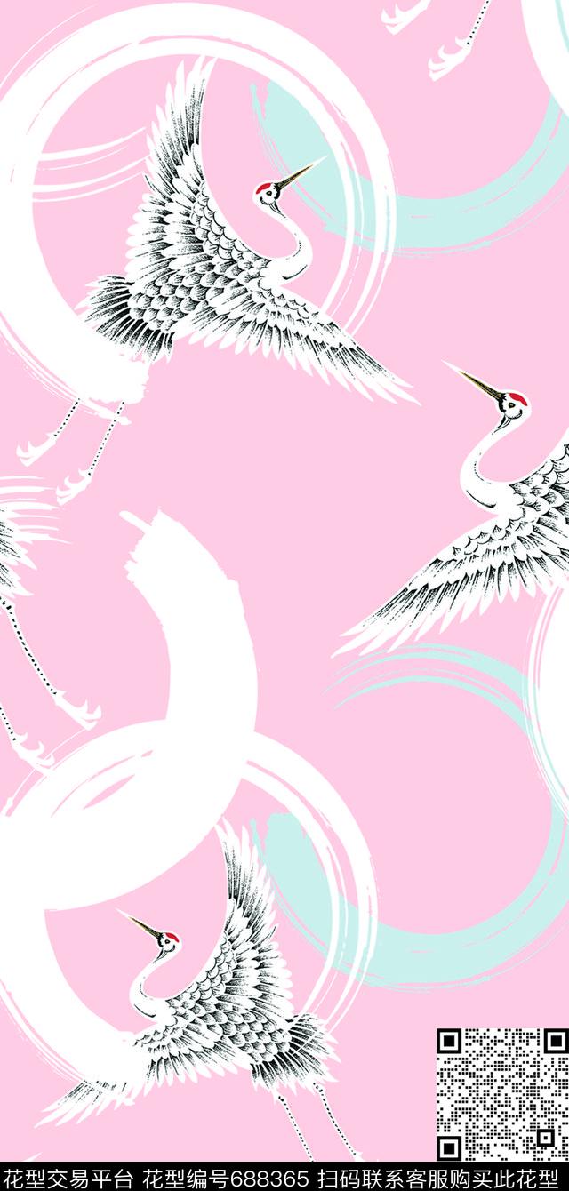 仙鹤鸟水墨传统印花华亿平台下载（图片编号: 688365） - 瓦栏（Walan）