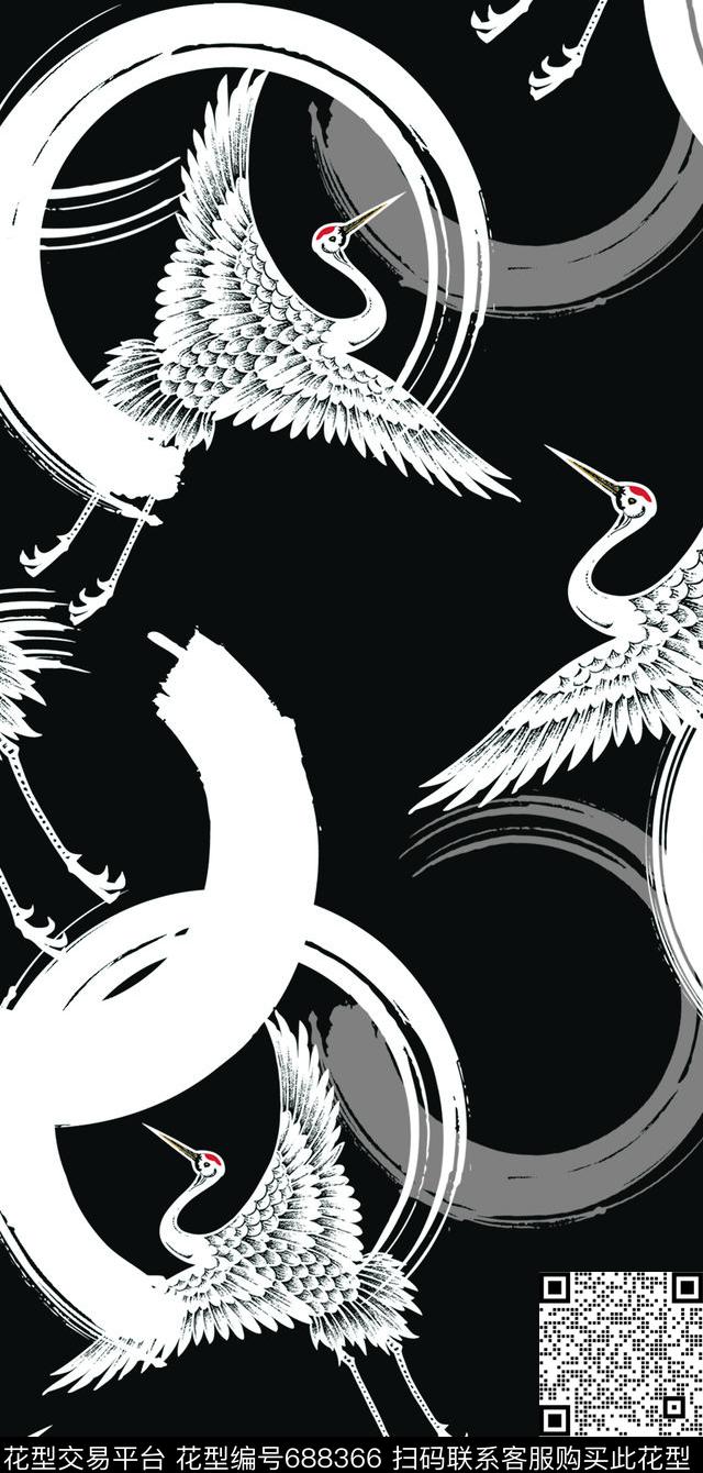 鸟仙鹤水墨数码印花华亿平台下载（图片编号: 688366） - 瓦栏（Walan）