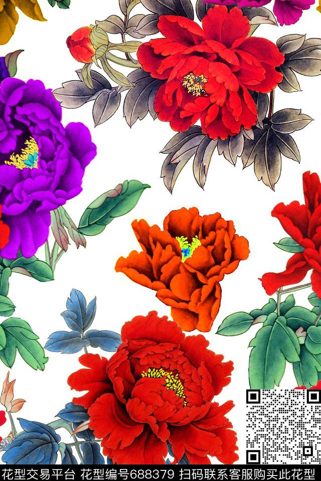 牡丹花朵花卉数码印花华亿平台下载（图片编号: 688379） - 瓦栏（Walan）
