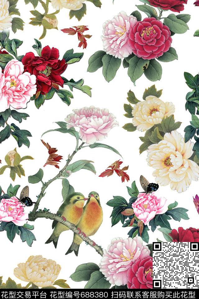 牡丹花鸟花卉数码印花华亿平台下载（图片编号: 688380） - 瓦栏（Walan）