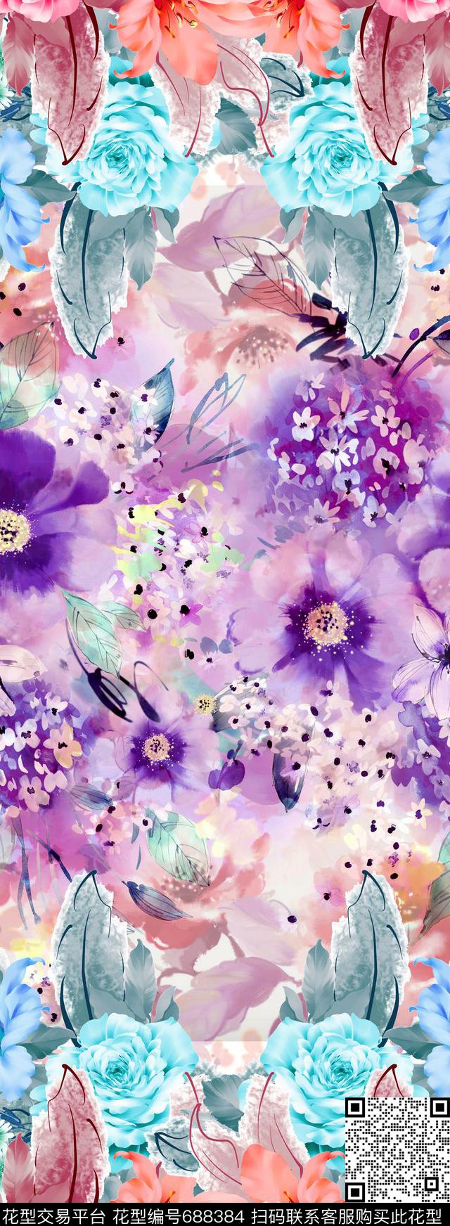 乱花玫瑰花卉数码印花华亿平台下载（图片编号: 688384） - 瓦栏（Walan）