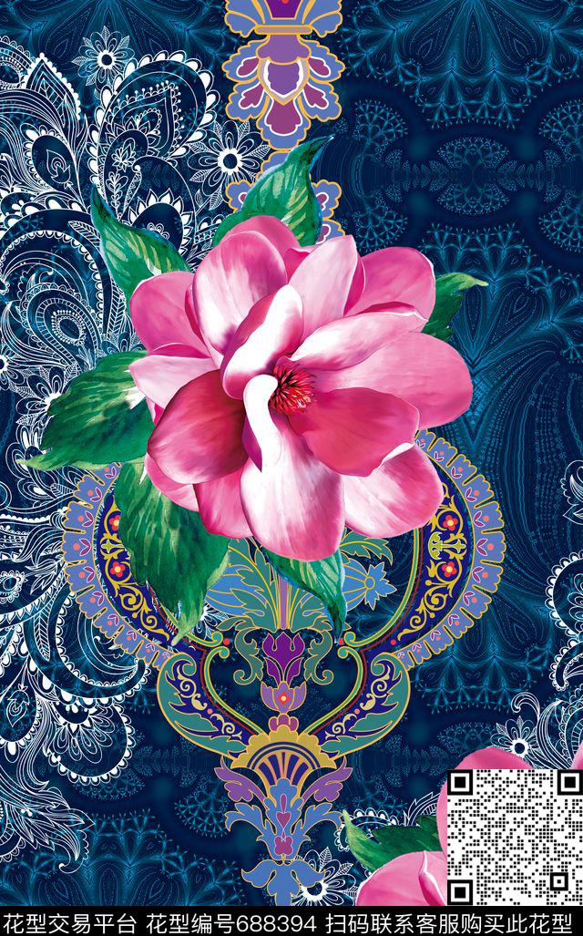 手绘花卉MAX-中老年真丝女装花卉数码印花华亿平台下载（图片编号: 688394） - 瓦栏（Walan）