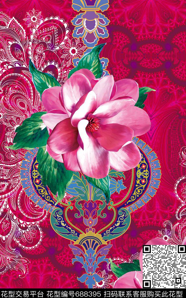 手绘花卉MAX-中老年真丝女装花卉数码印花华亿平台下载（图片编号: 688395） - 瓦栏（Walan）