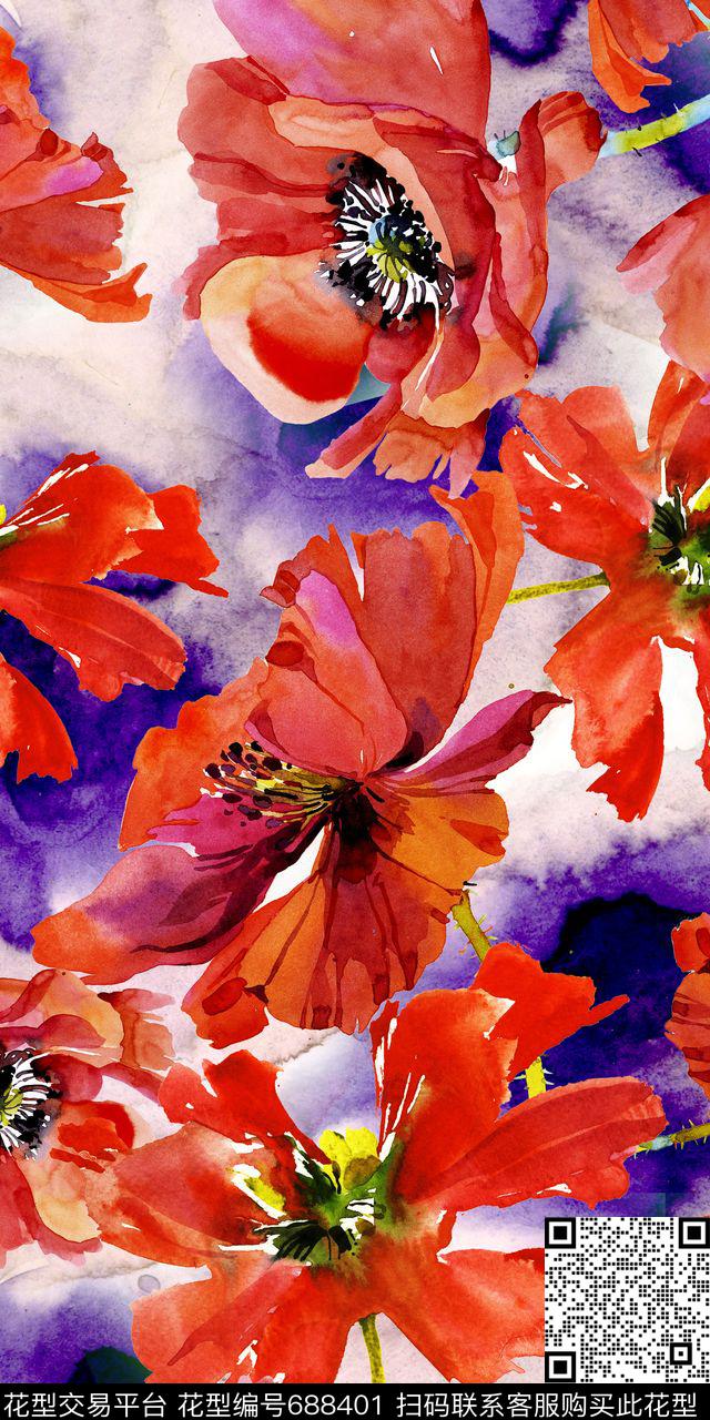 高清时尚花卉水彩底纹数码印花华亿平台下载（图片编号: 688401） - 瓦栏（Walan）