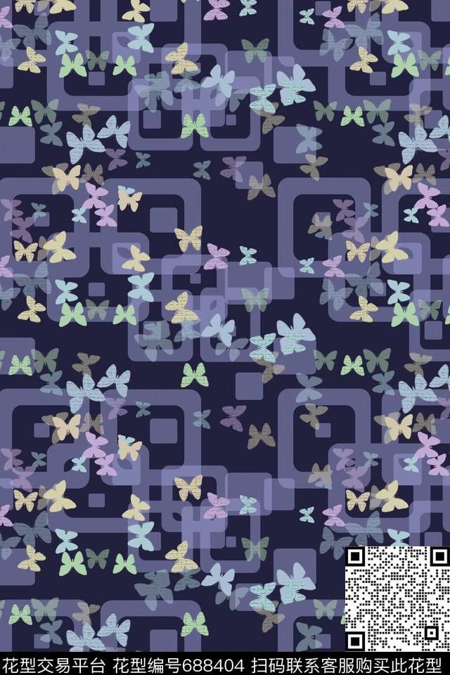 青蓝雅韵系列格子窗鸟昆虫图案数码印花华亿平台下载（图片编号: 688404） - 瓦栏（Walan）