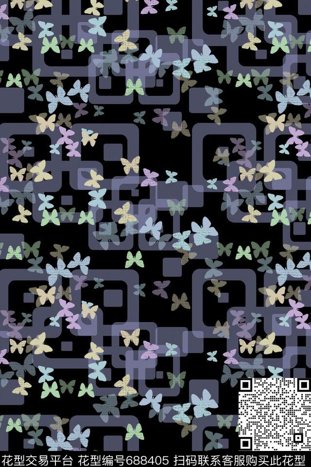 青蓝雅韵系列格子窗鸟昆虫图案数码印花华亿平台下载（图片编号: 688405） - 瓦栏（Walan）