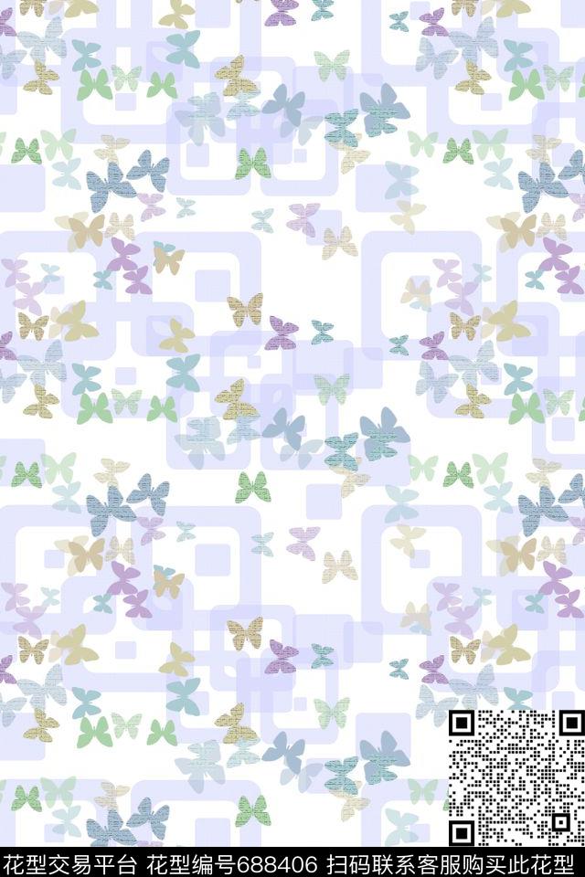 青蓝雅韵系列格子窗鸟昆虫图案数码印花华亿平台下载（图片编号: 688406） - 瓦栏（Walan）
