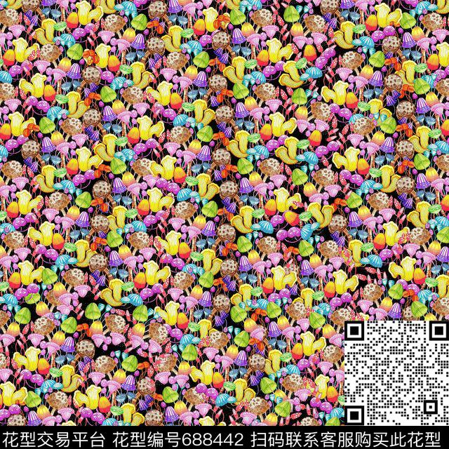 可爱密集小蘑菇数码印花华亿平台下载（图片编号: 688442） - 瓦栏（Walan）