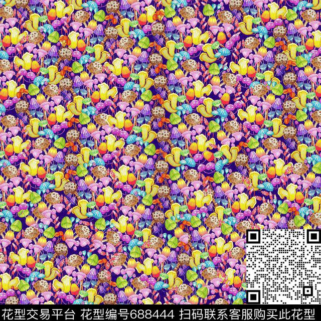 可爱密集小蘑菇数码印花华亿平台下载（图片编号: 688444） - 瓦栏（Walan）