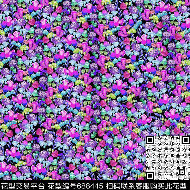 可爱密集小蘑菇数码印花华亿平台下载（图片编号: 688445） - 瓦栏（Walan）