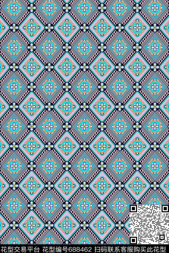 民族风方块花纹男装传统印花华亿平台下载（图片编号: 688462） - 瓦栏（Walan）