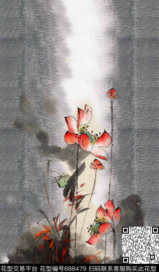 荷花花卉国画数码印花华亿平台下载（图片编号: 688479） - 瓦栏（Walan）