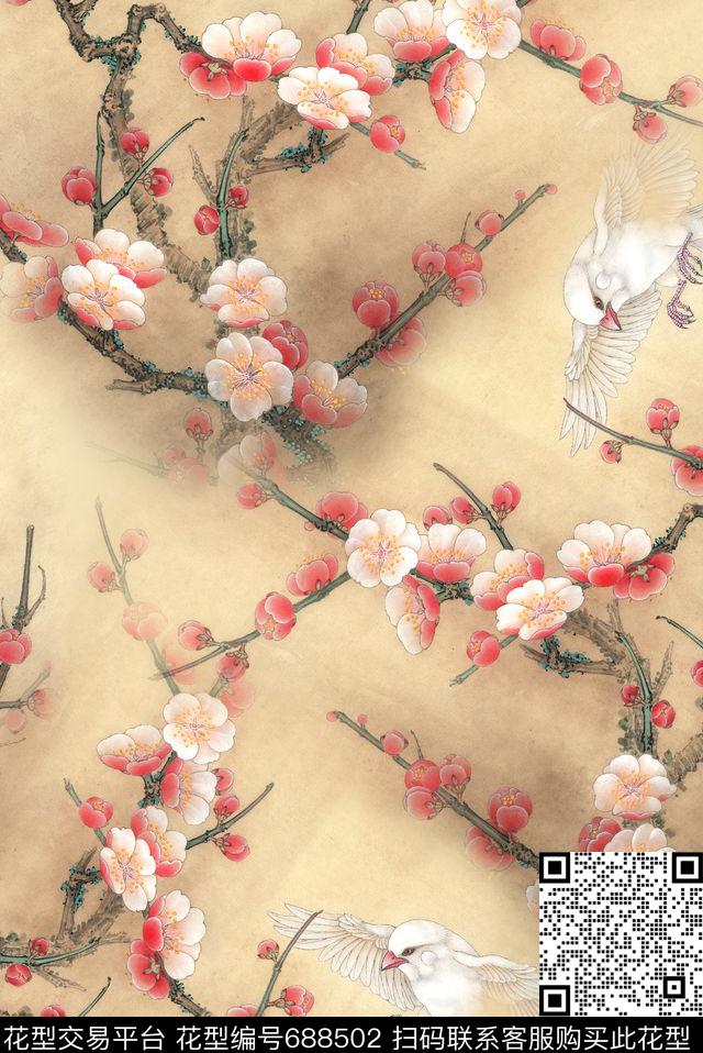 花鸟花朵花卉面料花数码印花华亿平台下载（图片编号: 688502） - 瓦栏（Walan）