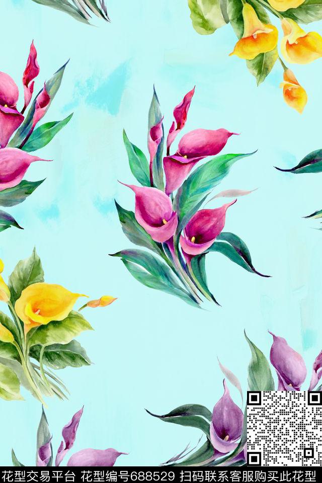 水彩花卉马蹄莲数码印花华亿平台下载（图片编号: 688529） - 瓦栏（Walan）