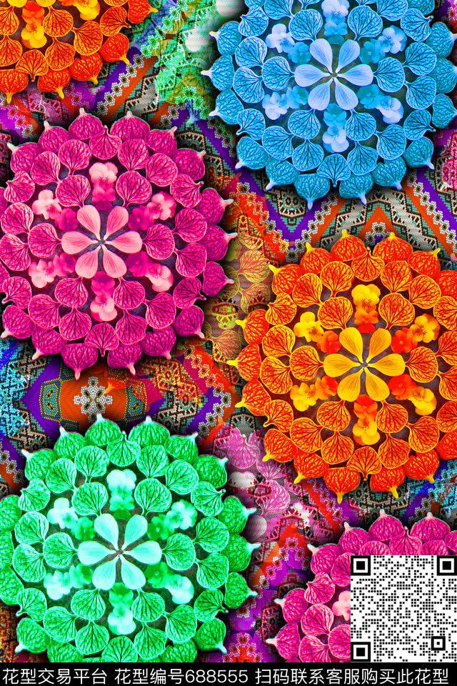 花朵花卉几何数码印花华亿平台下载（图片编号: 688555） - 瓦栏（Walan）