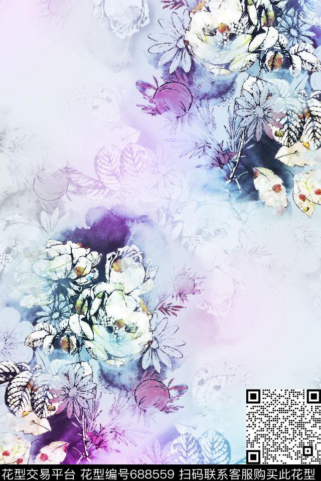 花朵大花花卉数码印花华亿平台下载（图片编号: 688559） - 瓦栏（Walan）