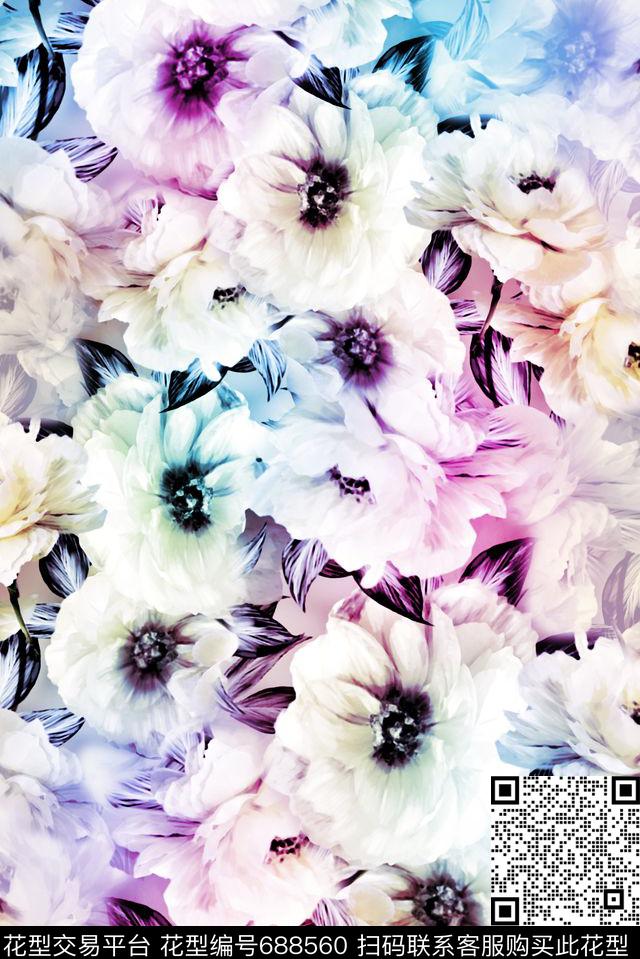 花朵大花花卉数码印花华亿平台下载（图片编号: 688560） - 瓦栏（Walan）