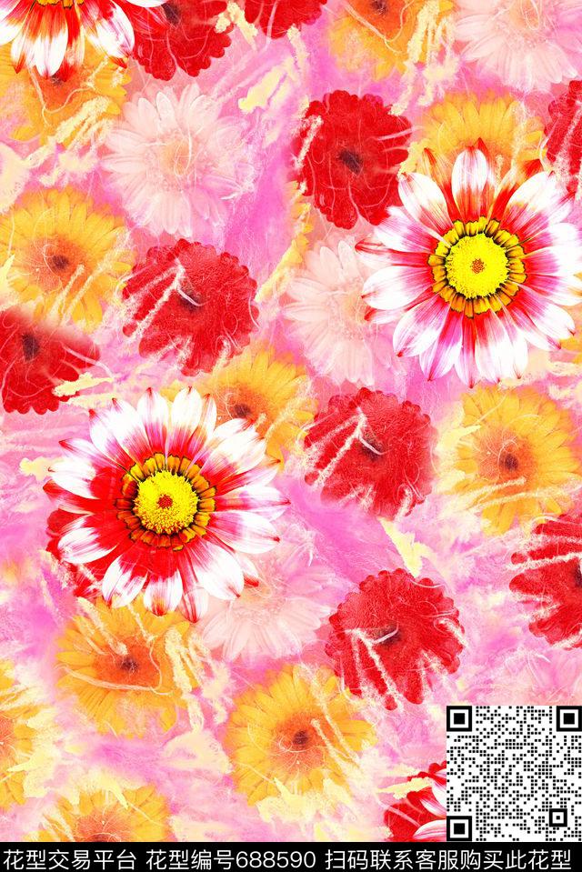抽象手绘女装裙子花卉数码印花蕾丝花卉印花满版艳丽花朵数码印花华亿平台下载（图片编号: 688590） - 瓦栏（Walan）