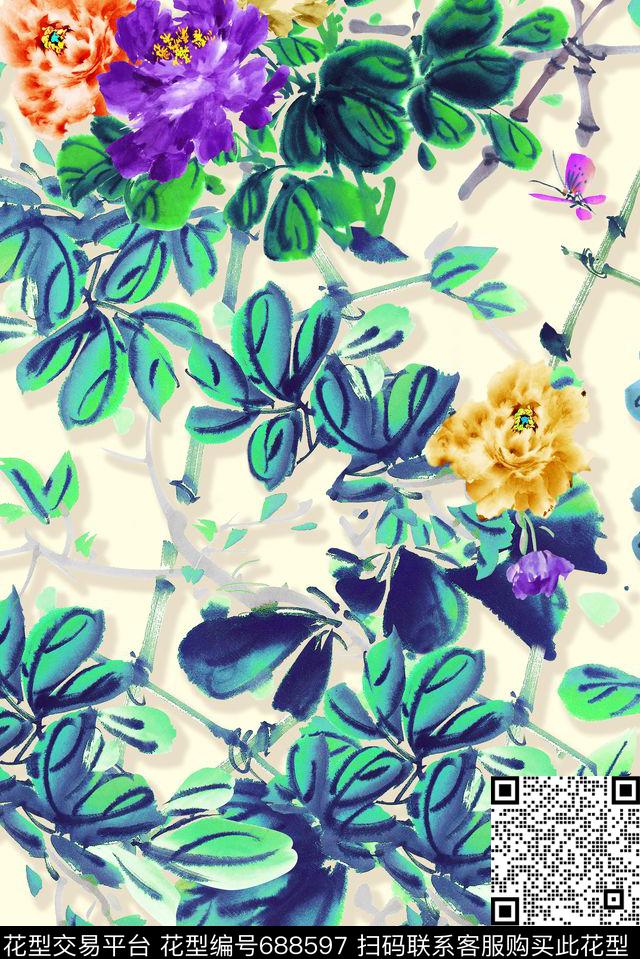 牡丹花朵花卉数码印花华亿平台下载（图片编号: 688597） - 瓦栏（Walan）