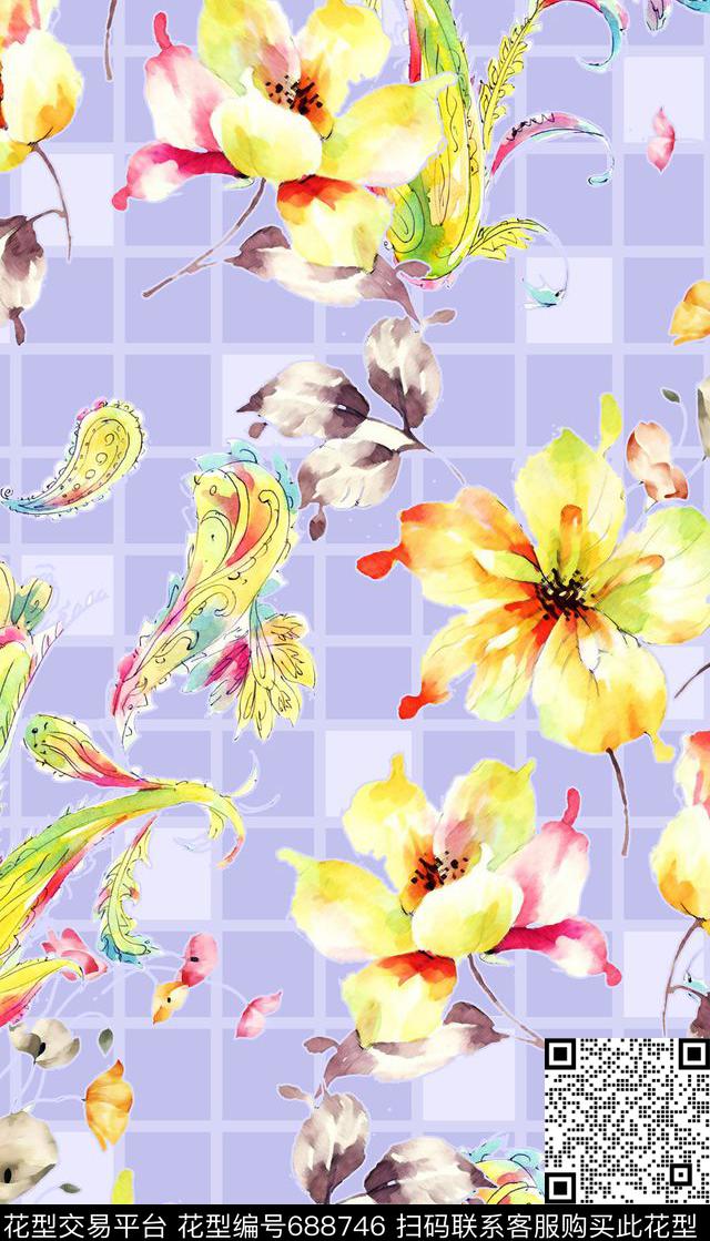 水彩花卉几何条纹小清新数码印花华亿平台下载（图片编号: 688746） - 瓦栏（Walan）
