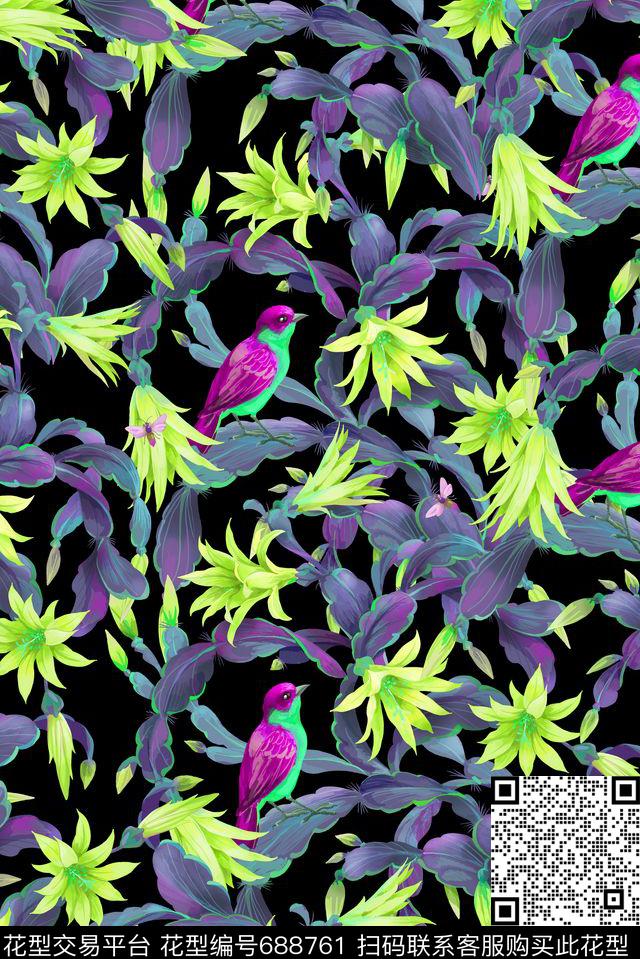 手绘热带花卉数码印花华亿平台下载（图片编号: 688761） - 瓦栏（Walan）