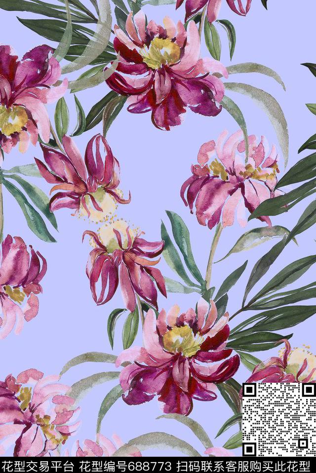 手绘花卉植物数码印花华亿平台下载（图片编号: 688773） - 瓦栏（Walan）