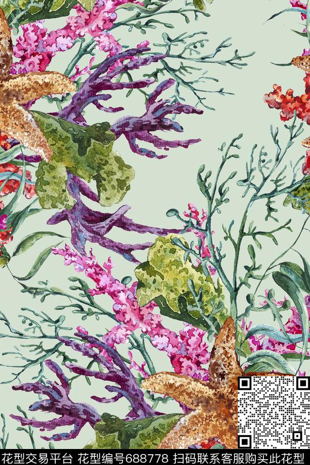 手绘海洋生物数码印花华亿平台下载（图片编号: 688778） - 瓦栏（Walan）