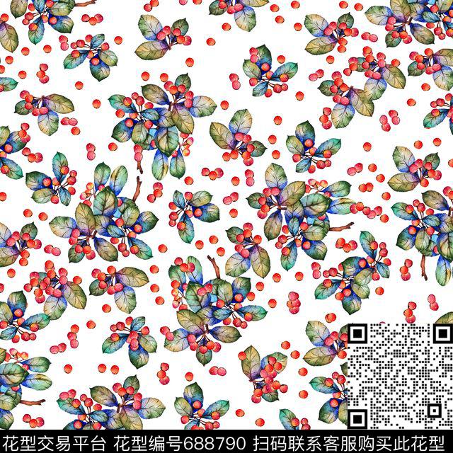 花卉小果果叶子数码印花华亿平台下载（图片编号: 688790） - 瓦栏（Walan）