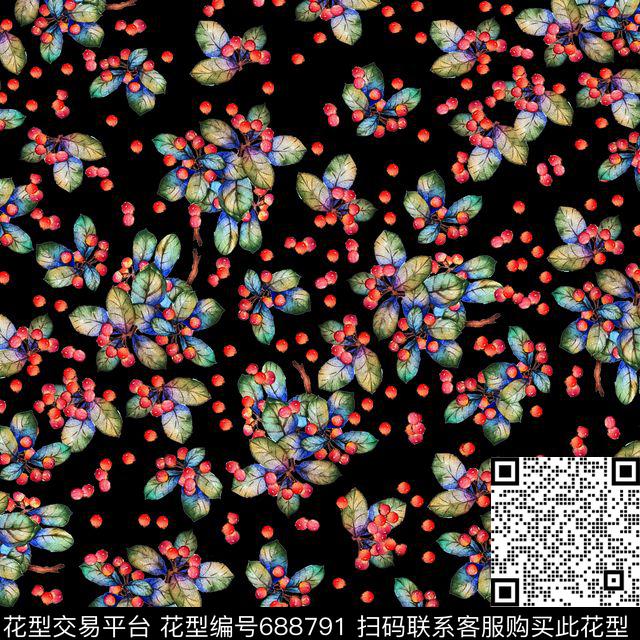 花卉小果果叶子数码印花华亿平台下载（图片编号: 688791） - 瓦栏（Walan）