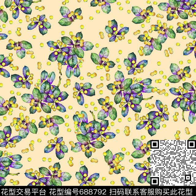 花卉小果果叶子数码印花华亿平台下载（图片编号: 688792） - 瓦栏（Walan）