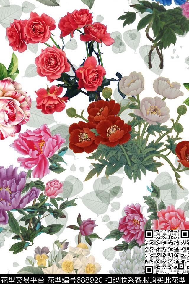 牡丹花朵花卉数码印花华亿平台下载（图片编号: 688920） - 瓦栏（Walan）
