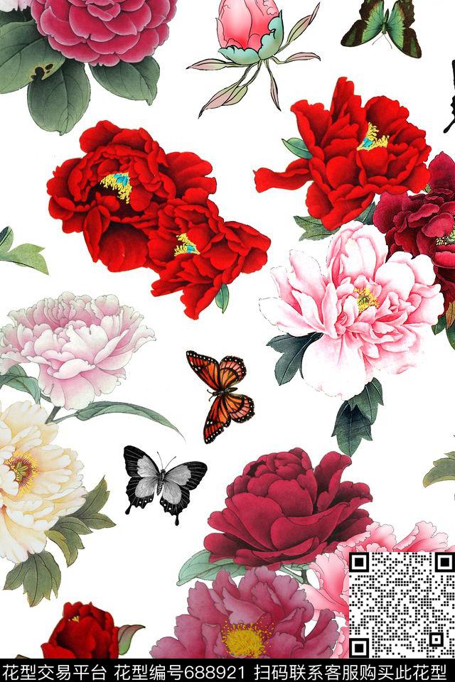 牡丹花朵花卉数码印花华亿平台下载（图片编号: 688921） - 瓦栏（Walan）