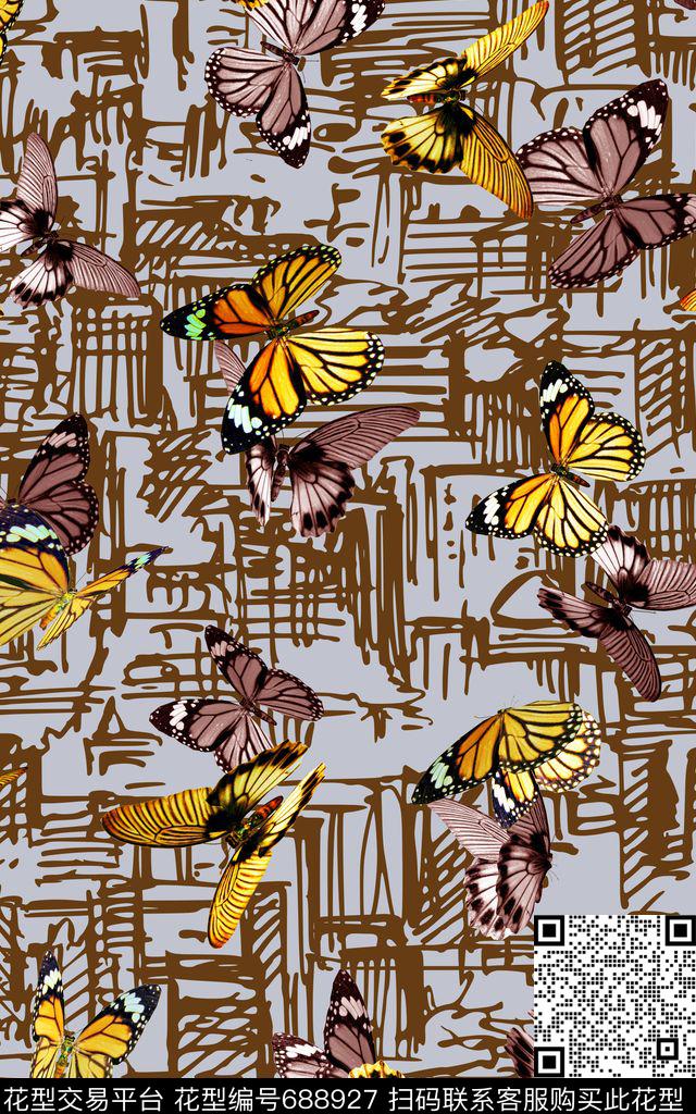 蝴蝶线描抽象大厦数码印花华亿平台下载（图片编号: 688927） - 瓦栏（Walan）