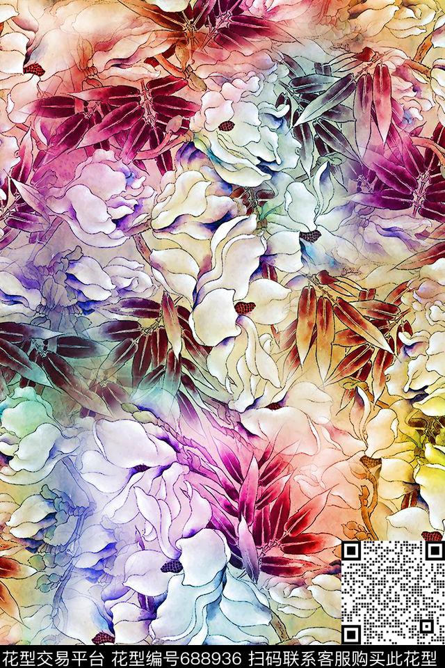 花卉工笔画彩色数码印花华亿平台下载（图片编号: 688936） - 瓦栏（Walan）